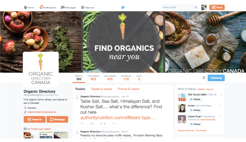 Organic Directory Canada Twitter Page